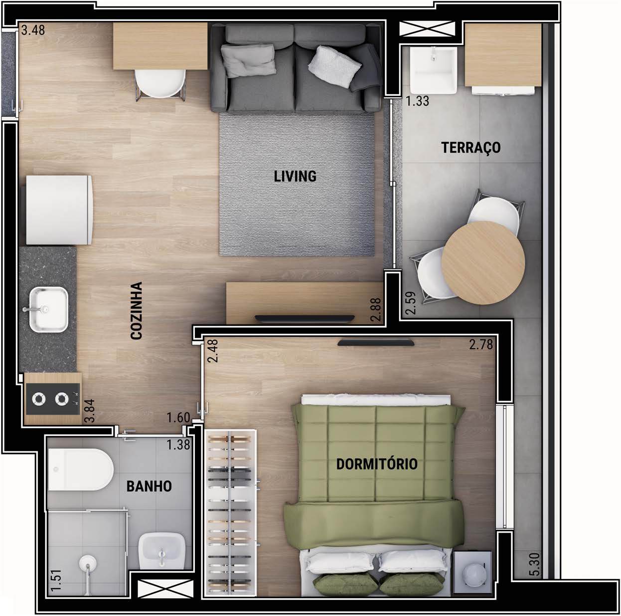 Planta oficial de 30,14 m² com 1 dormitórios