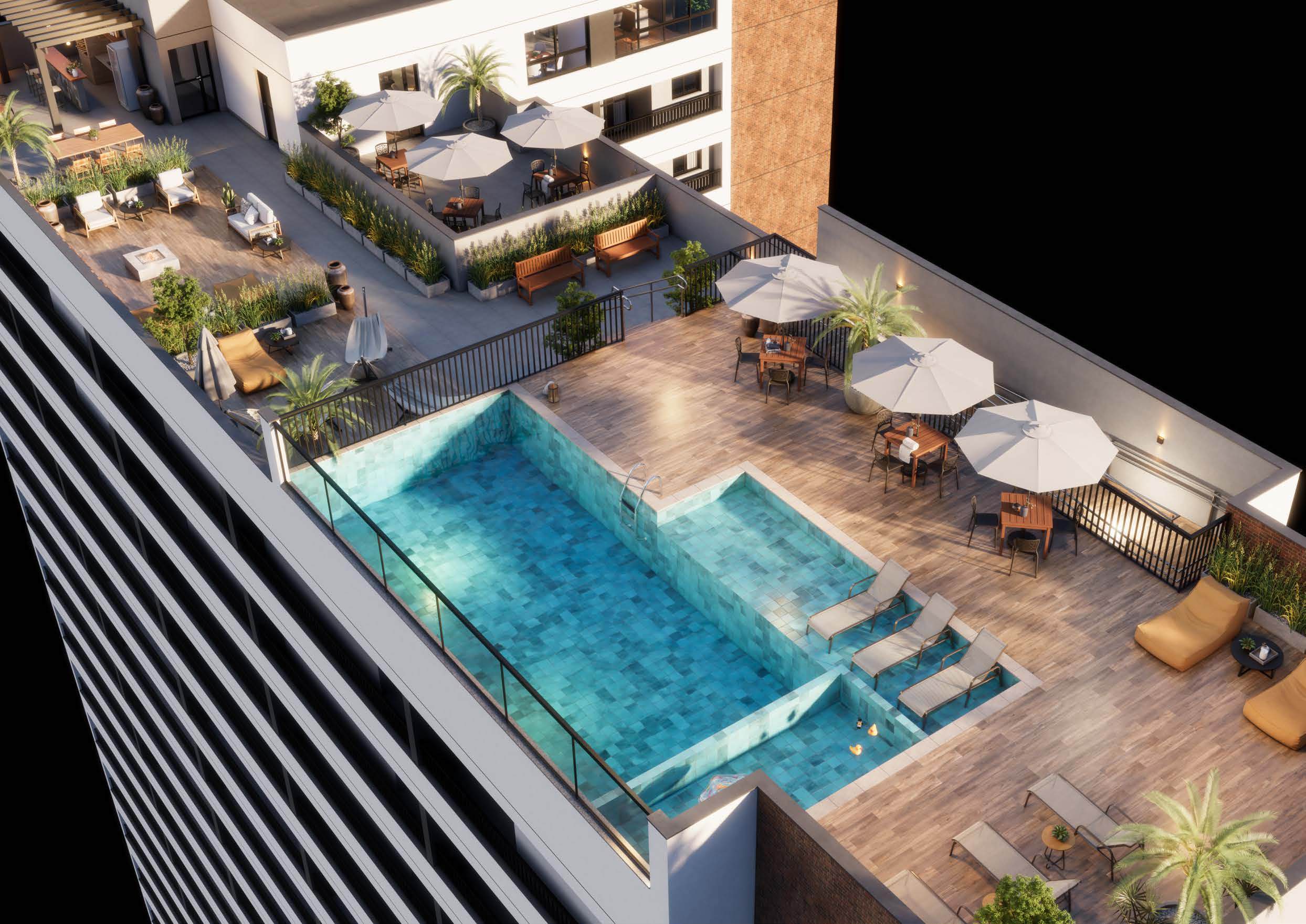 Perspectiva oficial do rooftop com piscinas e áreas de convivência
